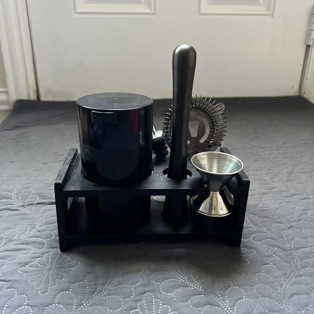 5 Piece Black Mixed Plastic & Stainless Steel Bar Tool Cocktail Set With Stand